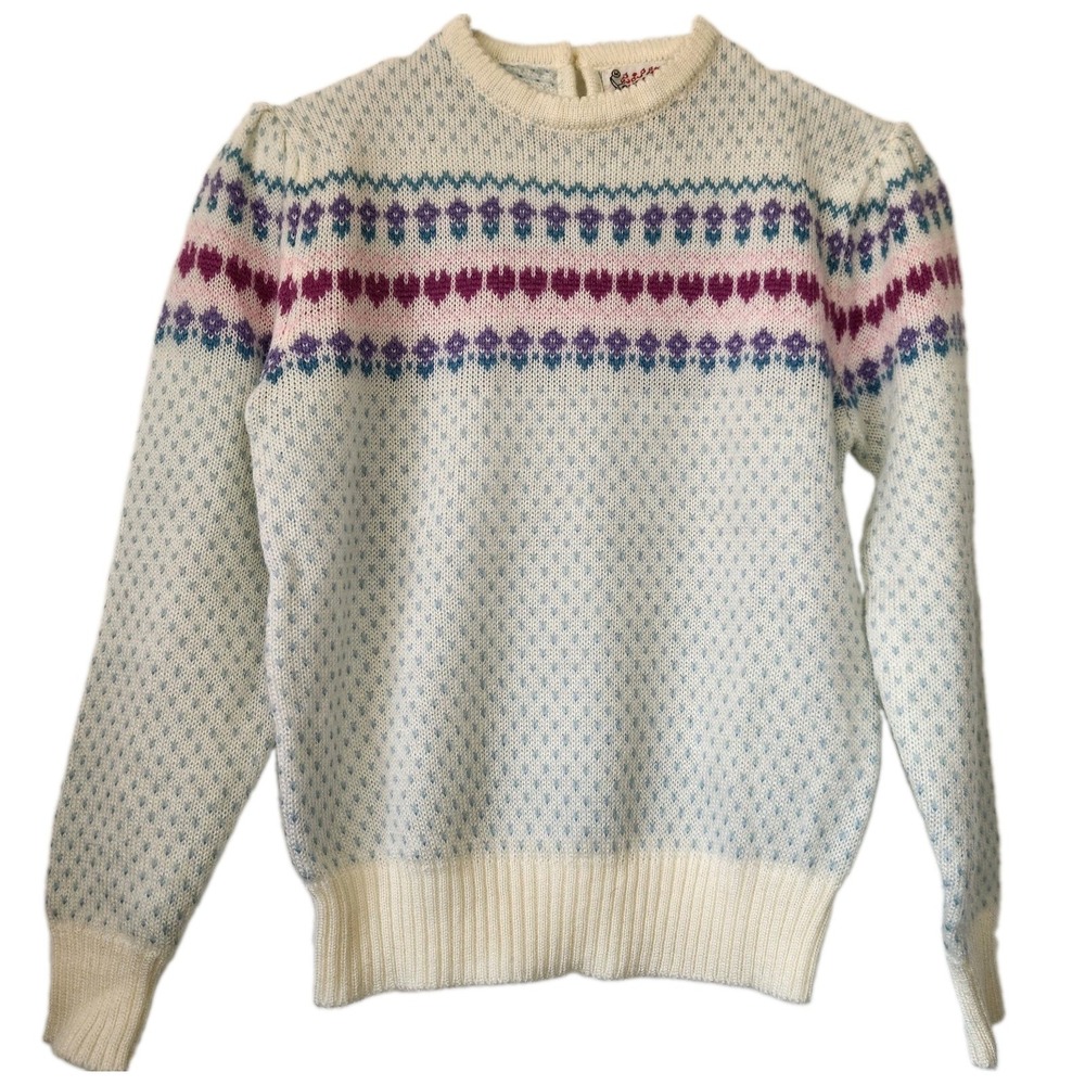 Vintage 80s Pastel Fair Isle Heart Sweater Womens M Puff Sleeve Coquette Cottage